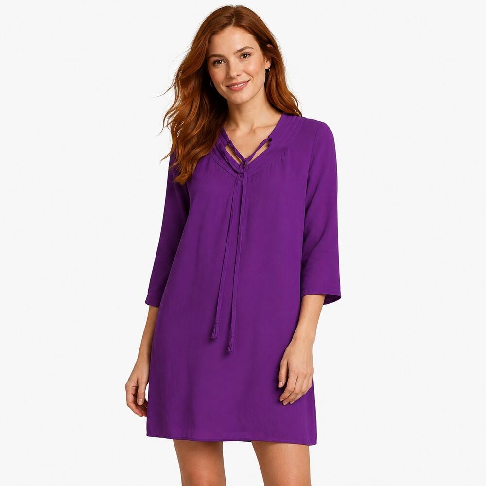 DVF Parlian Tunic Dress Womens Size 2 Purple Tassels Shift Career Bold